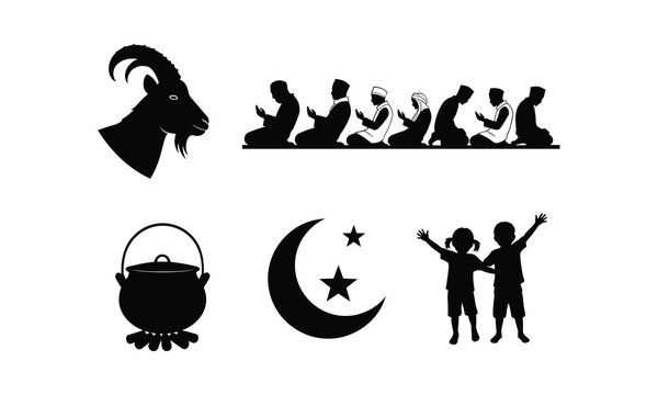 Eid al adha celebration vector silhouette illustration, muslims praying, goat, bonfire pot