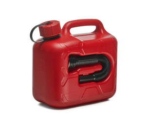 Czerwony plastikowy pojemnik, baniak na białym tle. © piotrszczepanek