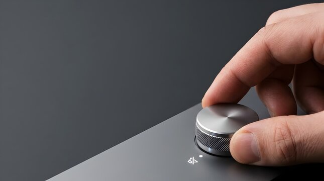 Hand turning a volume dial down to mute, a business concept for deep work, focus time, and silencing distractions.