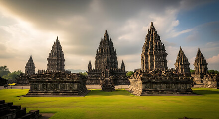 Fototapeta premium Majestic Prambanan temple under a dramatic sky in Central Java