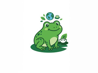 Obraz premium A green frog sits on a lily pad with a globe and leaves floating above.