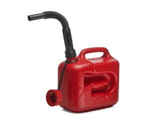 Czerwony plastikowy pojemnik, baniak na białym tle. © piotrszczepanek