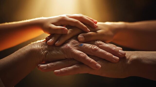 Diverse hands of people stacked together, symbolizing unity, support, and teamwork with warm lighting.