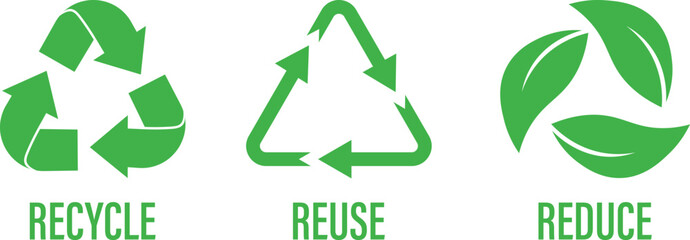 Obraz premium Reduce, reuse, recycle sign. Zero waste. Ecology, sustainability, and renewal concept. Ecology vector web banner. Vector illustration.