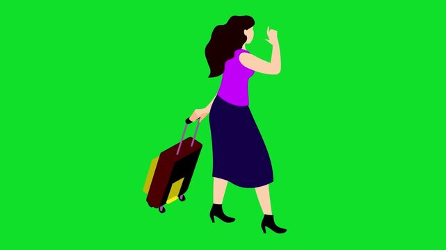 A vibrant 3D isometric animation of a woman in a purple top and navy skirt walking with her rolling suitcase 4K stock animation video on green screen for chroma key background in video editing.