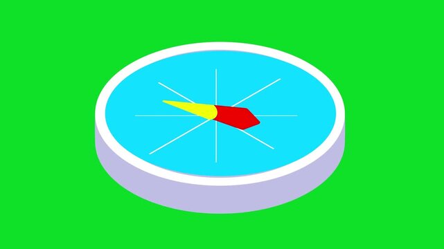 A vibrant blue and white compass with a rotating red and yellow needle, isolated 4K stock animation video on deep blue for chroma key background in video editing.