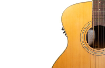 Obraz premium Acoustic guitar body isolated on transparent background in PNG format. Clean and minimal composition with copy space, ideal for graphic design, mockups, advertising, and music-related creative project