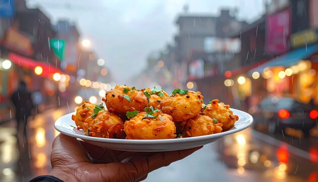 Delicious Indian Street Food Pakora Served on a Plate During Rain, Crispy Vegetable Fritters with Fresh Herbs in a Busy City Market, Spicy Asian Snack for Foodies and Culinary Travel