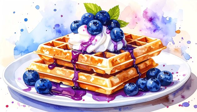 Delicious Belgian Waffles Watercolor Illustration with Fresh Blueberries and Whipped Cream on White Plate, Sweet Breakfast Food Sketch with Purple Syrup Splatters and Artistic Style