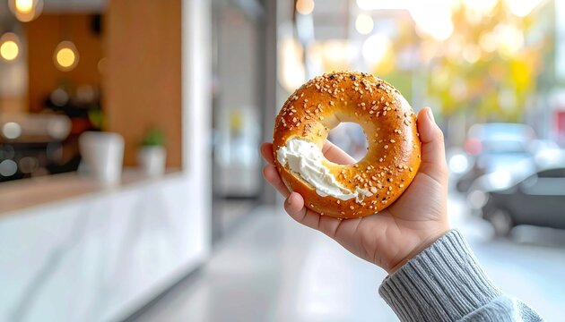 Hand Holding a Fresh Toasted Sesame Bagel with Cream Cheese in Front of Modern Cafe Background, Delicious Morning Breakfast Snack with Blurred City Street View for Food Mockup Use