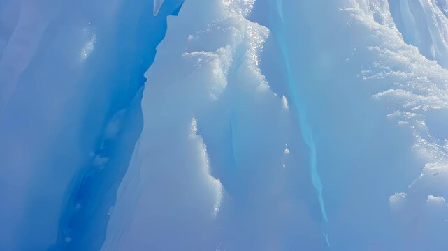 Ice axe striking blue ice formations, revealing layered textures and reflections, showcasing the dynamic interaction between tool and frozen surface in a natural setting