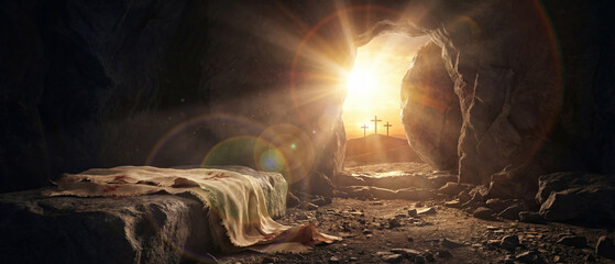 Fototapeta premium Empty Tomb. Resurrection of Jesus Christ. Shroud with defocused Crosses on background.