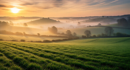 Obraz premium Beautiful rolling green hills at sunrise with morning mist and fog