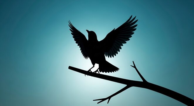 Silhouette of bird on branch spreading wings.
