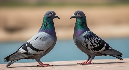 Obraz premium Two pigeons stand together, observing their surroundings with curiosity.