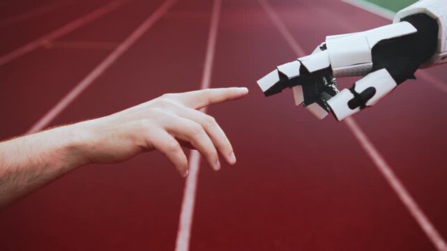Sprinter approaches robotic limb with hope, Human sprinter connects with robotic limb during training session