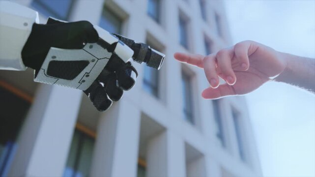 Tall building pillars backdrop for human machine study, Engineer and robot engage amid urban architectural scenery