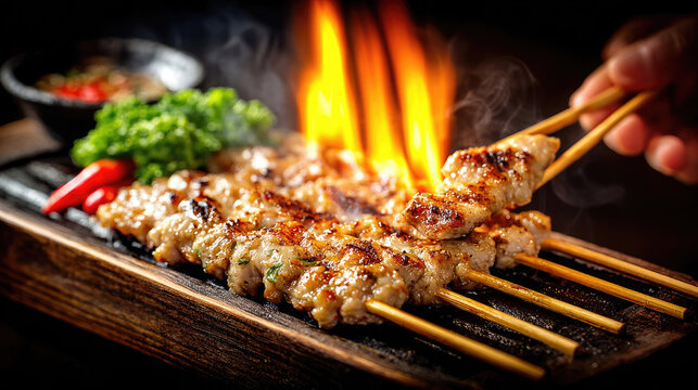 Delicious Chicken Satay Skewers Grilling Over Open Flames.