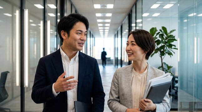 モダンなオフィスの廊下を歩きながら笑顔でディスカッションする日本人男女社員