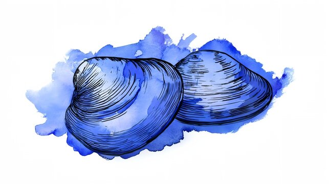Blue watercolor shell sketch, hand-drawn