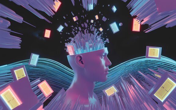 A futuristic digital illustration of a human head with data exploding out