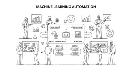 Obraz premium Machine learning automation concept with people working on data analysis and deployment