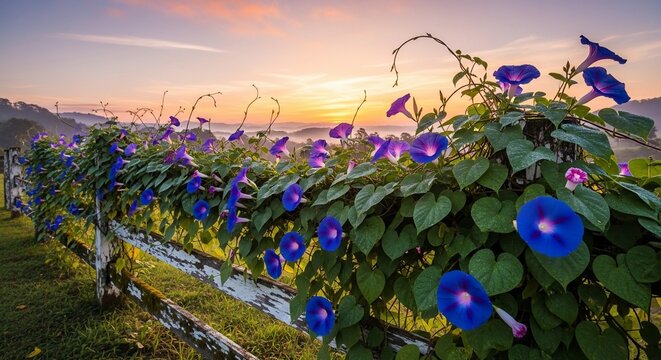 Morning glory flowers fence sunset