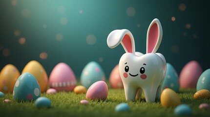 Adorable white tooth with bunny ears surrounded by colorful easter eggs on green grass. Fun dental character celebrating spring holiday. Whimsical concept blending oral health and easter joy