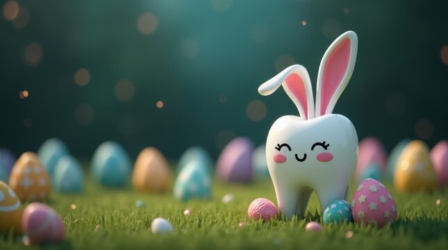 Adorable white tooth with bunny ears surrounded by colorful easter eggs on green grass. Fun dental character celebrating spring holiday. Whimsical concept blending oral health and easter joy
