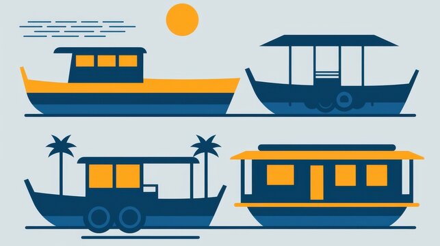 Colorful illustration of various boats and houseboats with palm trees, capturing a relaxing coastal vibe.
