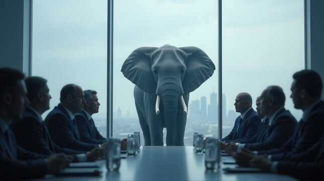 Elephant in the room concept during corporate meeting, business people discussing large obvious problem 
