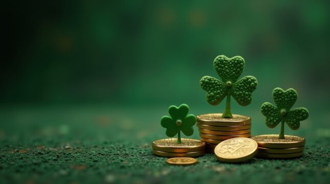 For sale sign with clover and stack of gold coin on green background. St. Patrick's Day concept. Real estate listing, investment opportunity. 
