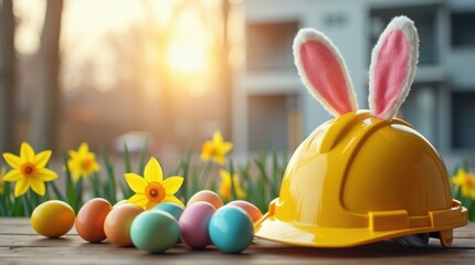 Hard hat with bunny ears on wooden table surrounded by colorful easter eggs and daffodils. Construction tools and building site in background. Holiday safety concept blending workplace with spring