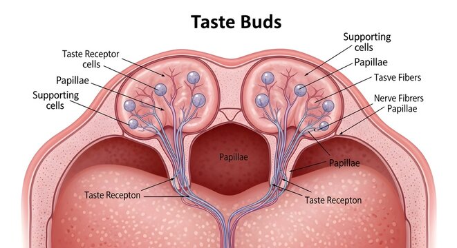 Microscopic anatomy of human taste buds &ndash; detailed cross‑section of papillae showing taste receptor cells, supporting cells, nerve fibers and connective tissue, illustrating how chemical stimuli are d
