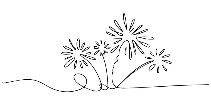Elegant Firework Display. Midnight celebration bursts. Minimalistic one-line drawing tall fountain-style, Minimalist Firework Bloom. Midnight fireworks display. Minimalistic one-line drawing single.