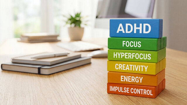 ADHD attention deficit hyperactivity disorder traits and characteristics concept for neurodiversity cognitive awareness focus impulse control and mental health education