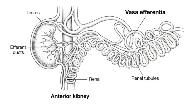 Frog testis and anterior kidney with vasa efferentia &ndash; labeled anatomical diagram tracing efferent ducts from testes through anterior renal tissue and coiled renal tubules, illustrating links between 