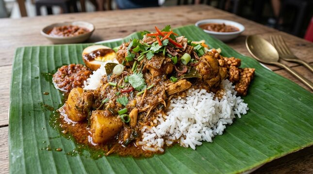 Nasi Lemak: Traditional Malaysian Coconut Rice Dish on Banana Leaf