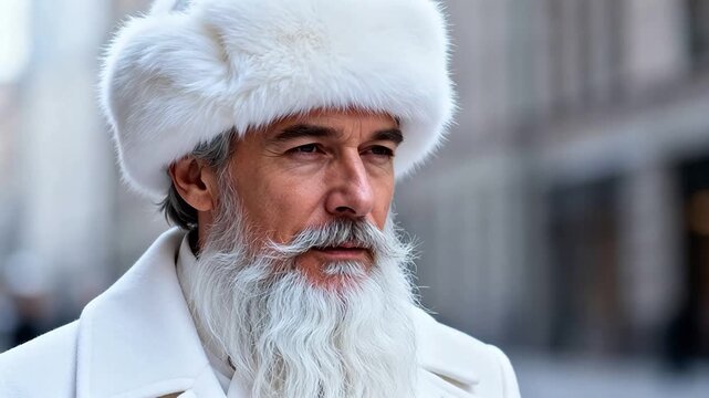 Man with white beard wearing fur hat