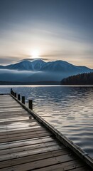 Fototapeta premium Serene lake scene with wooden dock and mountain backdrop at sunrise.