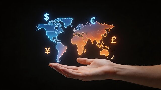 Hand holding glowing world map with dollar euro yen pound symbols global economy international finance currency exchange business concept digital technology future trading investment dark background