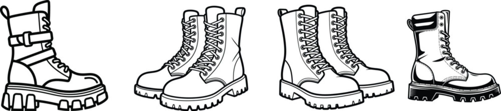 Four black and white line drawings of combat boots with laces and buckles