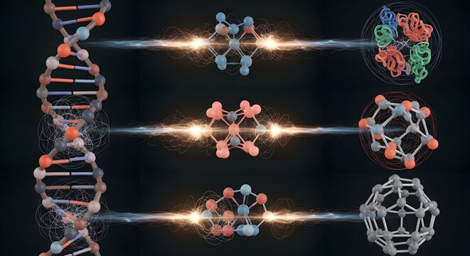 Molecular structures and DNA helix interacting with energetic particles and forming different complex molecules
