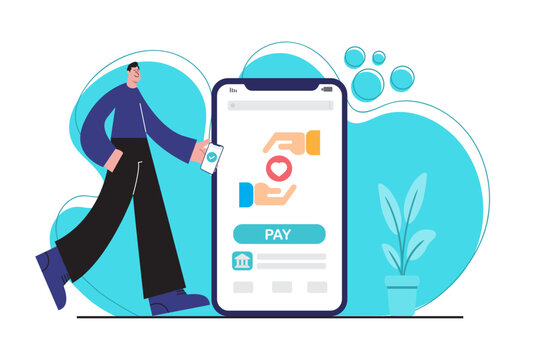 Vector illustration of a man using a mobile app to make a donation with a pay button. Concept of online charity, fundraising platform, and digital giving experience.