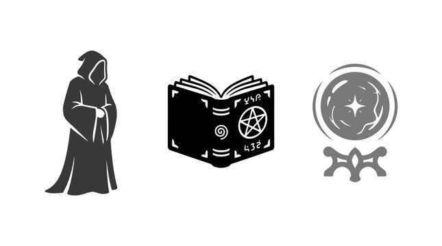 Fantasy icons set, mystic symbols, magic crystal ball