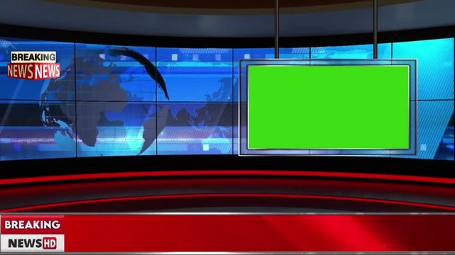 A breaking news video broadcast in a modern television studio with a green screen
