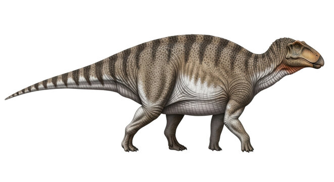 A massive hadrosaurid edmontosaurus in mid-stride, detailed brownish-grey scales and chocolate stripes, full side view on transparent, scientific reconstruction concept