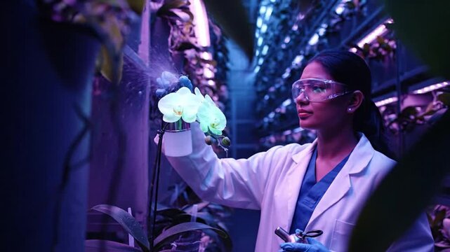 Scientist examines glowing green plant in laboratory setting with equipment and technology