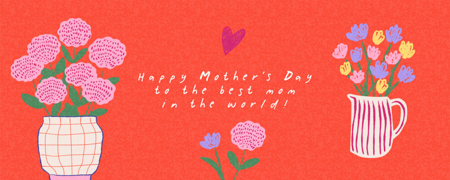 Cutest Mothers Day card, banner or poster for spring and summer holidays with beautiful flowers in a vase on the red background. Hand drawn Floral art template for Mother&rsquo;s Day, birthday and Women&rsquo;s D