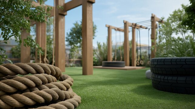 Backyard obstacle course featuring rope climb and tire flip area, DIY fitness setup, wooden structures, spring grass, creative home training, perfect for functional fitness outdoor equipment